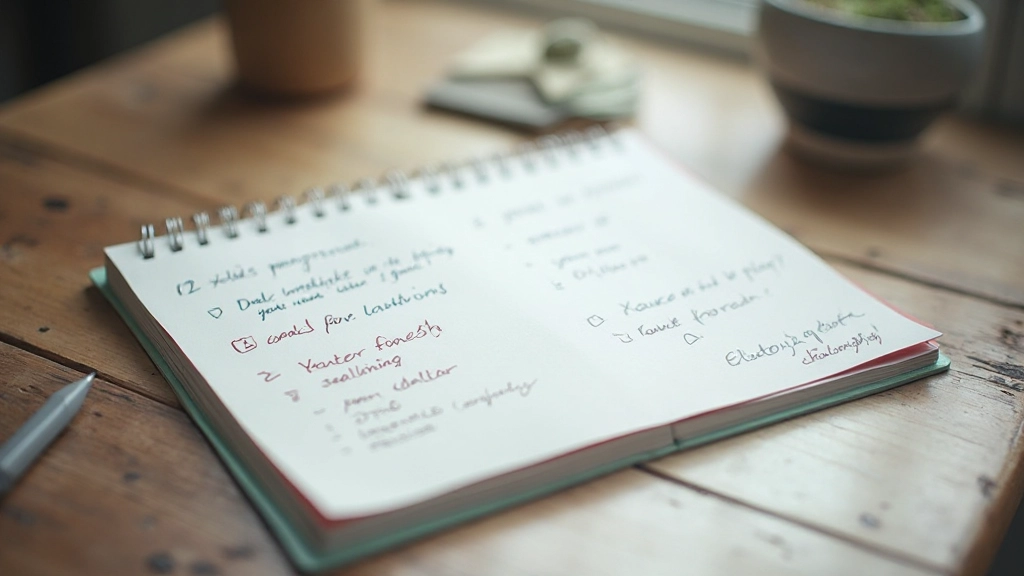 Notebook with handwritten goal-setting plan and strategic notes on personal development