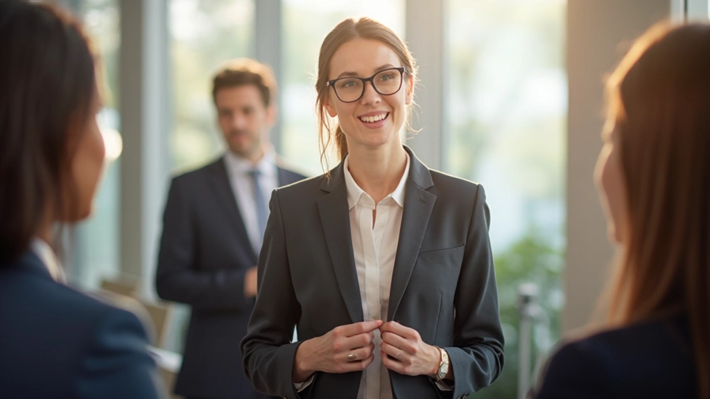 Person presenting to small group in modern office meeting room, demonstrating public speaking confidence and professional presentation