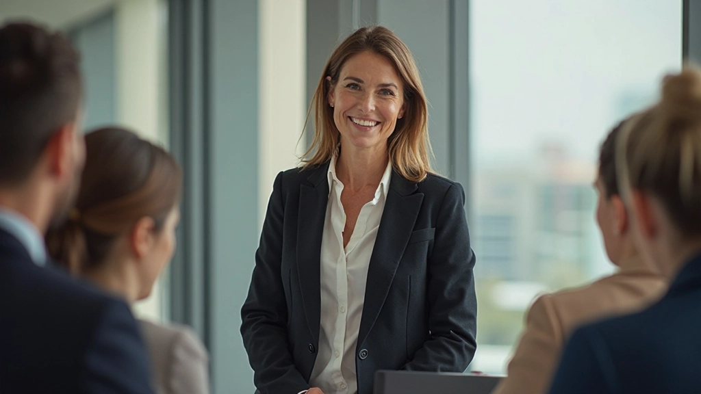 Professional woman leading team meeting with confident and empathetic presence in modern office
