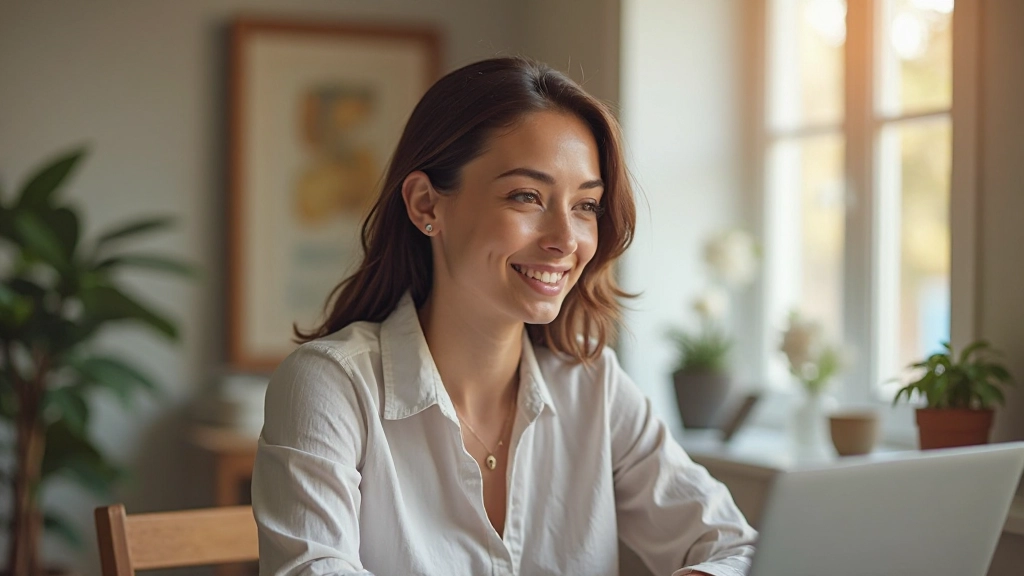Professional woman in home office environment, engaged in learning at laptop, natural lighting, warm and welcoming workspace